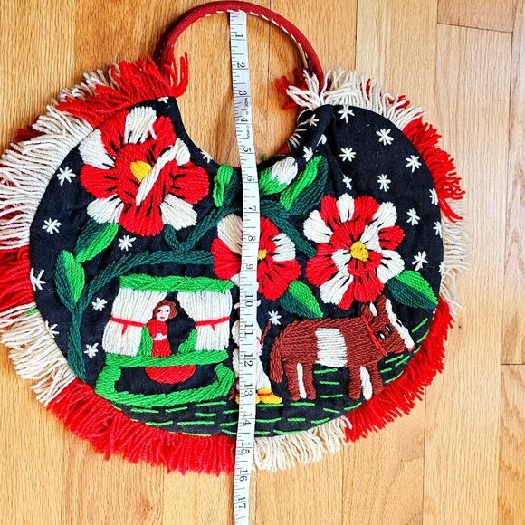 Handcrafted Madeira Portugal Floral Embroidered Crewel Wool Tote Handbag Purse - Picture 15 of 15